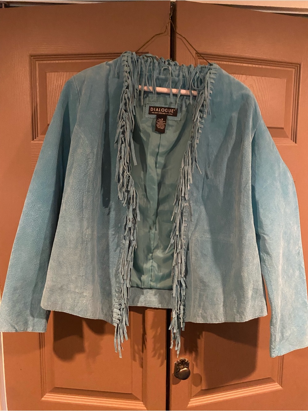 Dialogue Boho or Southwestern Turquoise Color Suede Fringe Open Front Jacket - Picture 3 of 6